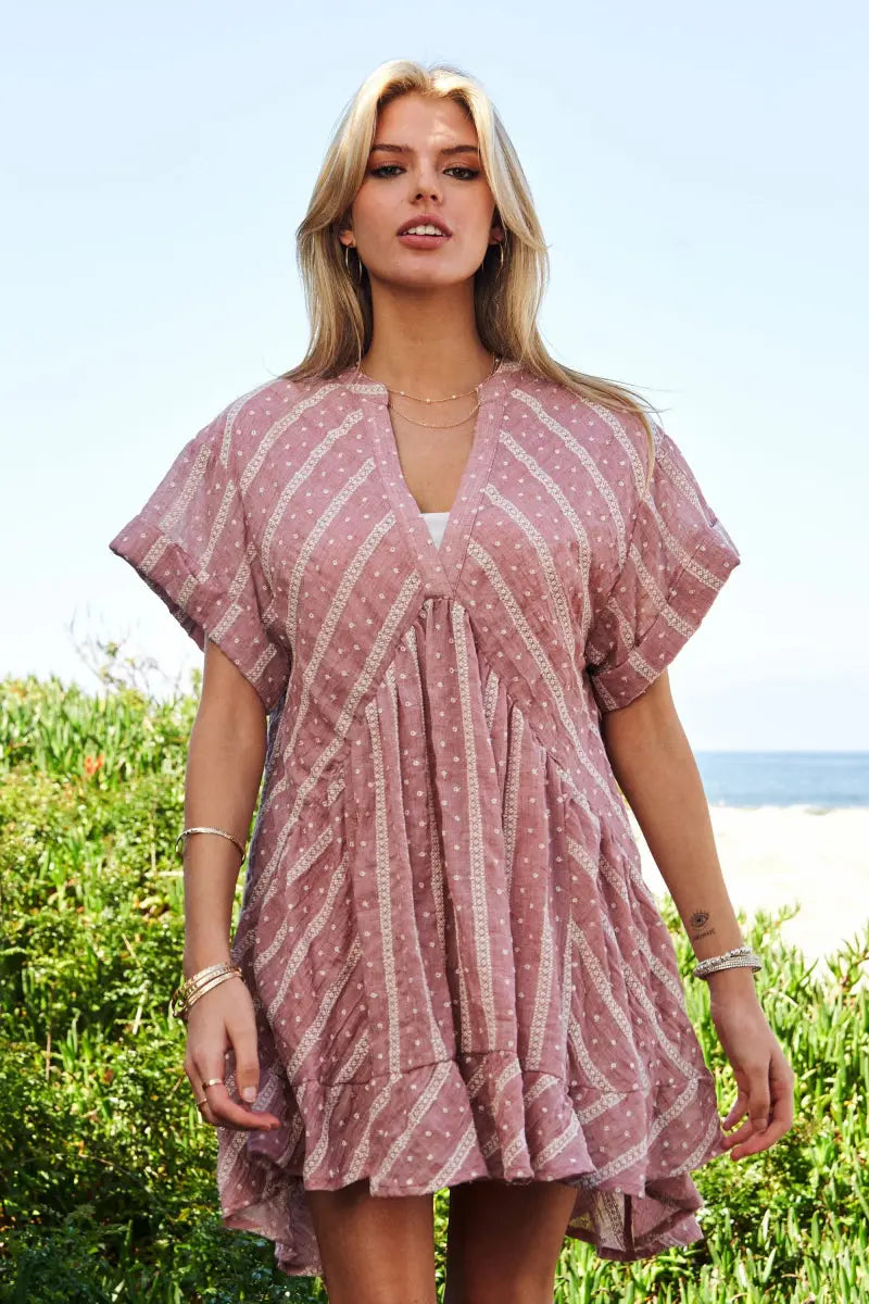 Davi & Dani Embroidery V Neck Short Sleeve Ruffled Mini Dress - Love Salve